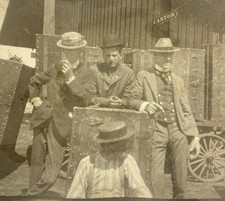 Canton NY Train Station Antique c1901 Photo of Men in Hats w/ Cargo, Luggage picture