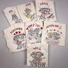 Vintage Hand Painted Flour Sack Towel Set 7pc Kitten Romance Story Series Cat picture