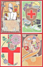 1907 JAPAN Japanese Art Nouveau 4 Postcards Red Cross Nurse Girl Soldier Doll picture