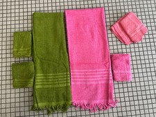 VTG Cannon Cotton Bath Towels Washcloth Set Pink Pink & Green Fringe Terry cloth picture