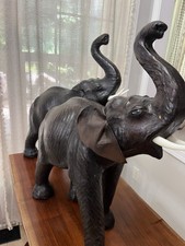 VTG Large LEATHER Wrapped ELEPHANTS Dark Brown 21” tall Trunk Up Statue Safari picture