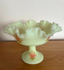 Vintage Fenton Custard (Satin) Glass Ruffled Comport with Hand-Painted Roses picture