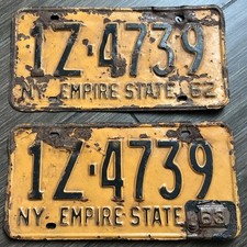 Vintage Matching Pair 1962 New York State License Plate The Empire State 1z4739 picture