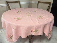 Vintage Hand Embroidered Floral 100% LINEN Square Tablecloth Pink NEW ITALY picture