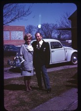 SL22 Slide 1960’s   Couple Standing by Classic VW Beetle Car 017a picture