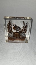 VINTAGE UNIQUE HAND CARVED IN LUCITE CAILLE QUAIL ON WOODEN STUMP SCULPTE picture