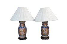 2 Vintage Chinese Export Polychrome Porcelain Ginger Jar Buffet Table Lamps Pair picture
