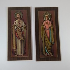 Vintage 1972 Sacred Heart of Jesus Immaculate Heart of Mary Wood Plaques Set picture