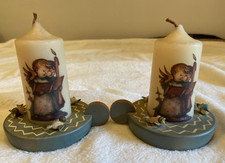 Vtg M.I.Hummel Candles Set Hand Dipped-WGerm.ANRI Italy Wood Holder Angels/Birds picture