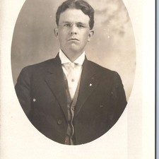 c1910s Handsome Young Man RPPC Oval Portrait Frameless Glasses Suit Unused PC picture