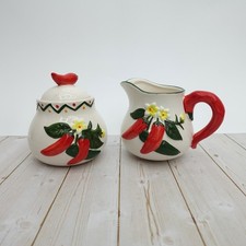 Vintage Kirkland's Home Decor Chili Pepper Themed Cream and Sugar Set picture