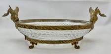 Antique French Bronze Diamond Cut Crystal Oval Centerpiece Swan Handles Baccarat picture