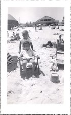 Vintage 1950s Snapshot Photo Two Boys on Beach Black & White Deckled Edge picture