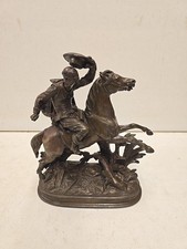 Antique European Horseback Rider W/ Hat & Cape Equestrian Cast Metal Statue picture