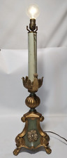 Antique column lamp with green and brass base, white column, tassel pull switch picture