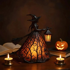 Halloween Witch Lantern LED Night Light Resin Statue Gothic Home Decor with Broo picture
