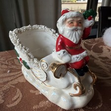Vintage Napco Santa on Sleigh Christmas Planter Spaghetti Trim w/ foil sticker picture