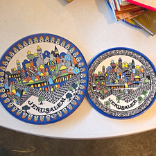 2pc Vtg Armenian Jerusalem Walls Old City View Ceramic Wall Hanging Plate Blue picture