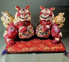 Vintage Japanese Kutani Porcelain Lion Figurines (2) + Pillow, Amazing Detail picture
