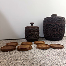 Vintage Hand Carved Wood Coaster Set & Canister Jar 2pc Lidded Floral Boho picture