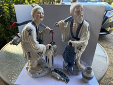 Vintage Chinese Porcelain Fisherman Pair – Blue & White Hand Painted Figures picture