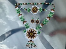 Huichol Indian Beaded Flower Necklace & Earrings Handmade Mexican Folk Art Boho picture