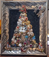 Beautiful Framed, Handcrafted Christmas Tree Made With Vintage & Costume Jewelry picture