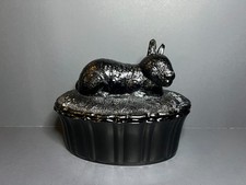 VTG 1970s Rare Guernsey #654 Glossy Black Glass Bunny Rabbit Trinket Garden Dish picture