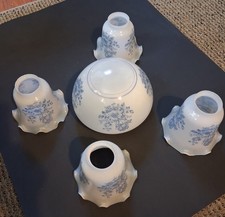 Vtg Blue Floral Frosted Ceiling Light Lamp Shades. Ruffled Set of 4 Plus Main picture