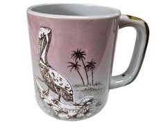 Vintage Ceramic Mug Pelican & Palm Trees Coastal Stoneware Pink Gray Brown picture