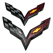 2x For Corvette C8 Style Crossed Flags Emblems Black Red Glossy Adhesive Badges picture