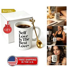 Self Love Is The Best Love Coffee Mug, 15oz Inspirational Cup with Gold Spoon... picture