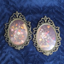 2 Vintage Bubble Glass Ornate Oval Brass Picture Frame Floral Print Italy 10” picture