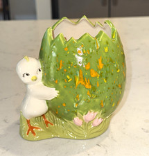 Vintage Ceramic Easter Chick Cracked Egg Planter, Speckled Green picture