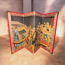 VTG Japanese Byobu Kunisada Ukiyo-e Textile 4 Panel Tabletop Folding Screen Box  picture