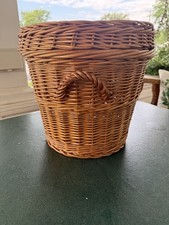 Vintage Large Wicker French Bakery Basket w Lid & Handles 12”Tall Natural Rattan picture