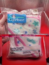 Vintage 1993 GERBER Hooded Baby Bath Towel & Washcloth Set Bunny Rabbits NIP NOS picture
