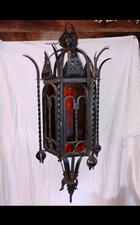 Spanish Revival  Antique Black Metal Hanging Iron Ceiling Light  Deep Amber Glas picture