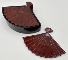 Vintage Otagiri 8 Fan Shaped Red Coasters with Holder From Japan 1980 picture