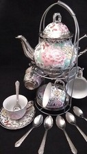 20 Pc Tea Set _ Tea Pot _ 6 Cups & Saucers w/ Rack. Silver Multi Color 3 oz cups picture
