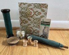 Vintage Sewing Craft Room Decor Lot 13 Patterns Wood Spools Jar Buttons Scissors picture