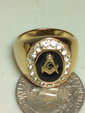 Freemason Round Masonry Black Enamel Club Ring W/ Rhinestones TK316 Size 9 C28 picture