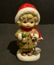 Napco Hand Painted Christmas Girl Figurine Ceramic Porcelain Glossy Multicolor picture