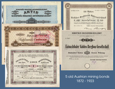 Lot of 5 Old Austrian mining Shares 1872 - 1923 incl Scarce Ones picture