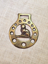 Vintage Brass Horse Medallion English Cat  Figure Lucky Border Parade Harness picture