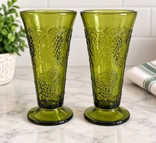 Vintage Indiana Glass Harvest Grape Green Footed Tumblers 14 oz Set of 2 MCM picture