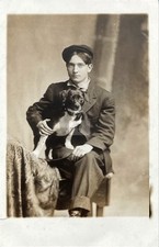 Handsome Young Man & Dog Studio Portrait RPPC Photo Postcard COPY picture
