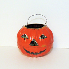 Vintage 1950s US Metal Toy Co Tin Halloween Jack O Lantern Pumpkin Candy Pail picture