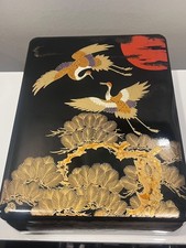 Urushi Japanese black lacquer large Box with Crane design Japan picture