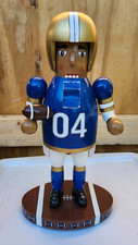 VTG HANDCRAFTED WOODEN 14” BLUE FOOTBALL PLAYER #04 NUTCRACKER VILLAGE BOXED EUC picture